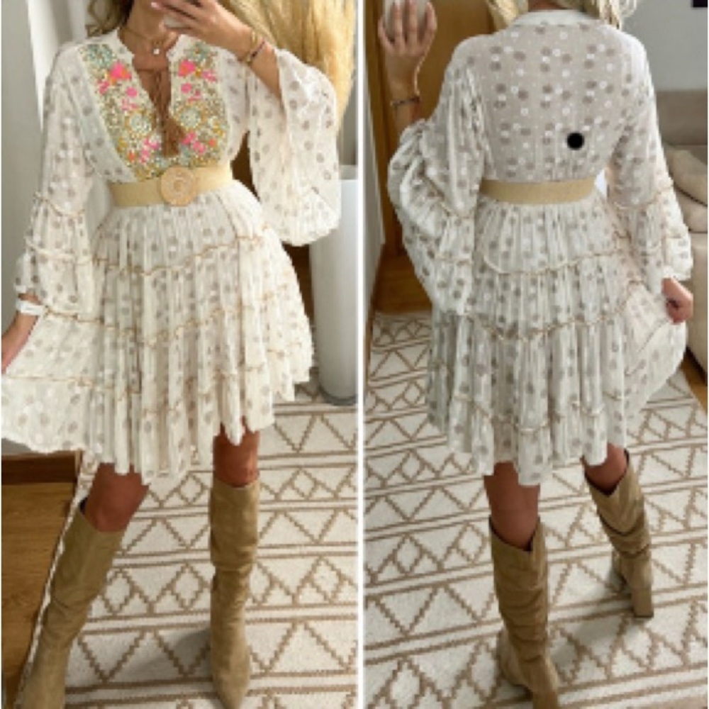 Cream Ruffled Bell Sleeve Sundress with Plunge Neckline